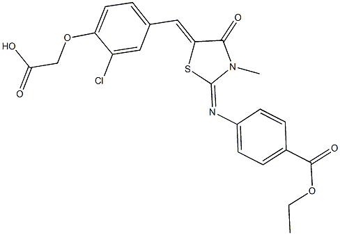 {2-chloro-4-[(2-{[4-(ethoxycarbonyl)phenyl]imino}-3-methyl-4-oxo-1,3-thiazolidin-5-ylidene)methyl]phenoxy}acetic acid,443877-55-2,结构式
