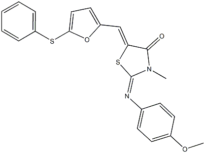 2-[(4-methoxyphenyl)imino]-3-methyl-5-{[5-(phenylsulfanyl)-2-furyl]methylene}-1,3-thiazolidin-4-one Struktur