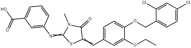 3-[(5-{4-[(2,4-dichlorobenzyl)oxy]-3-ethoxybenzylidene}-3-methyl-4-oxo-1,3-thiazolidin-2-ylidene)amino]benzoic acid 化学構造式