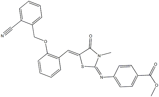 methyl 4-[(5-{2-[(2-cyanobenzyl)oxy]benzylidene}-3-methyl-4-oxo-1,3-thiazolidin-2-ylidene)amino]benzoate,443878-13-5,结构式