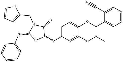 2-[(2-ethoxy-4-{[3-(2-furylmethyl)-4-oxo-2-(phenylimino)-1,3-thiazolidin-5-ylidene]methyl}phenoxy)methyl]benzonitrile Struktur