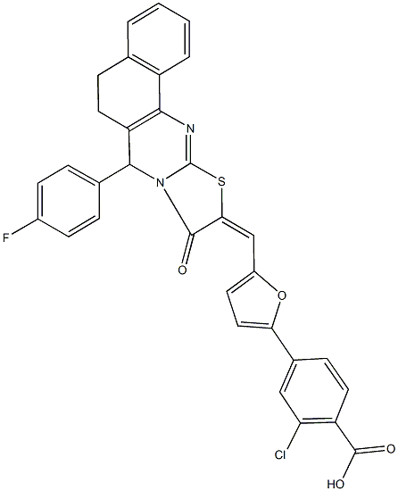 2-chloro-4-{5-[(7-(4-fluorophenyl)-9-oxo-5,7-dihydro-6H-benzo[h][1,3]thiazolo[2,3-b]quinazolin-10(9H)-ylidene)methyl]-2-furyl}benzoic acid 结构式