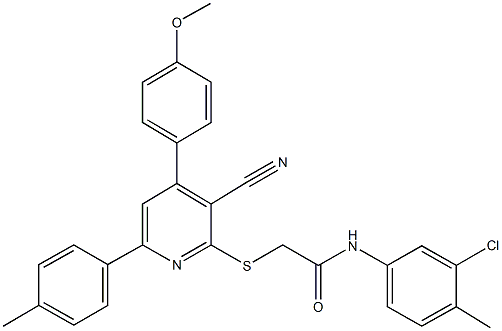 N-(3-chloro-4-methylphenyl)-2-{[3-cyano-4-(4-methoxyphenyl)-6-(4-methylphenyl)-2-pyridinyl]sulfanyl}acetamide Structure