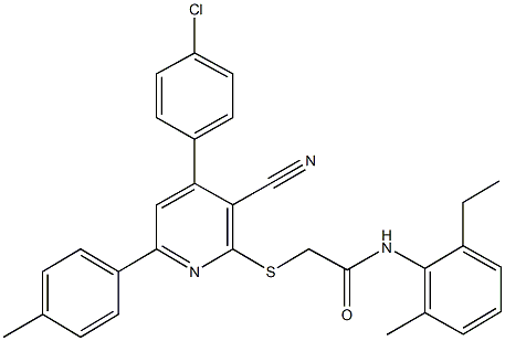 2-{[4-(4-chlorophenyl)-3-cyano-6-(4-methylphenyl)-2-pyridinyl]sulfanyl}-N-(2-ethyl-6-methylphenyl)acetamide 结构式
