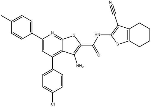 3-amino-4-(4-chlorophenyl)-N-(3-cyano-4,5,6,7-tetrahydro-1-benzothien-2-yl)-6-(4-methylphenyl)thieno[2,3-b]pyridine-2-carboxamide 化学構造式