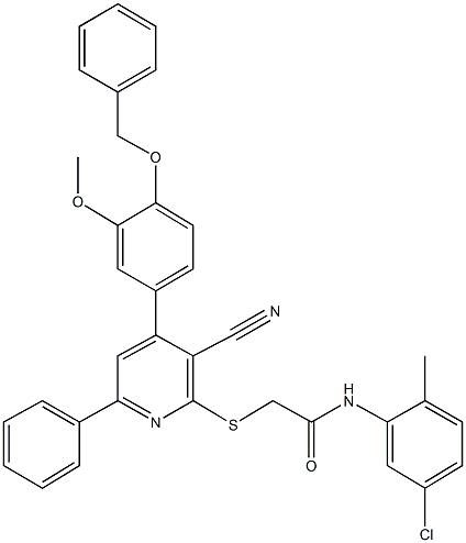 2-({4-[4-(benzyloxy)-3-methoxyphenyl]-3-cyano-6-phenyl-2-pyridinyl}sulfanyl)-N-(5-chloro-2-methylphenyl)acetamide Struktur