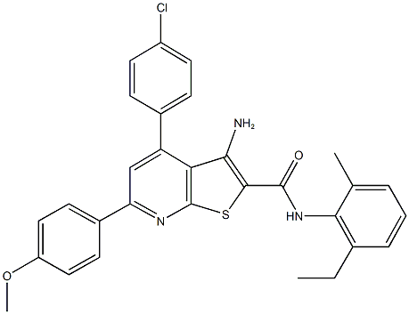 3-amino-4-(4-chlorophenyl)-N-(2-ethyl-6-methylphenyl)-6-(4-methoxyphenyl)thieno[2,3-b]pyridine-2-carboxamide,444155-90-2,结构式