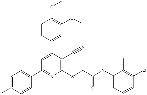 N-(3-chloro-2-methylphenyl)-2-{[3-cyano-4-(3,4-dimethoxyphenyl)-6-(4-methylphenyl)-2-pyridinyl]sulfanyl}acetamide 化学構造式