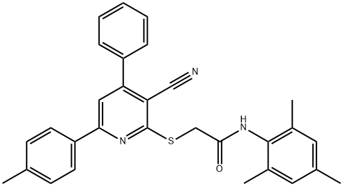 2-{[3-cyano-6-(4-methylphenyl)-4-phenyl-2-pyridinyl]sulfanyl}-N-mesitylacetamide 结构式