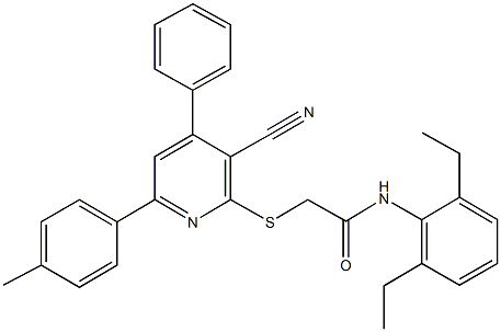 2-{[3-cyano-6-(4-methylphenyl)-4-phenyl-2-pyridinyl]sulfanyl}-N-(2,6-diethylphenyl)acetamide 结构式