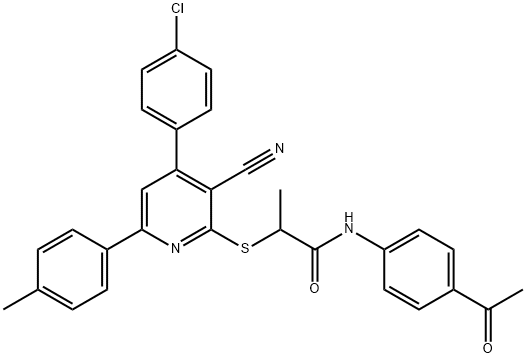 N-(4-acetylphenyl)-2-{[4-(4-chlorophenyl)-3-cyano-6-(4-methylphenyl)-2-pyridinyl]sulfanyl}propanamide Struktur