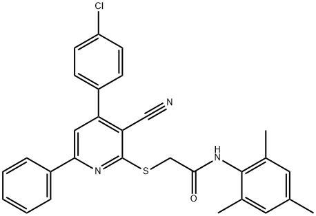 2-{[4-(4-chlorophenyl)-3-cyano-6-phenyl-2-pyridinyl]sulfanyl}-N-mesitylacetamide 结构式