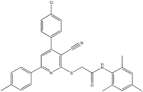 2-{[4-(4-chlorophenyl)-3-cyano-6-(4-methylphenyl)-2-pyridinyl]sulfanyl}-N-mesitylacetamide,444157-41-9,结构式