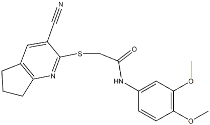 2-[(3-cyano-6,7-dihydro-5H-cyclopenta[b]pyridin-2-yl)sulfanyl]-N-(3,4-dimethoxyphenyl)acetamide 化学構造式