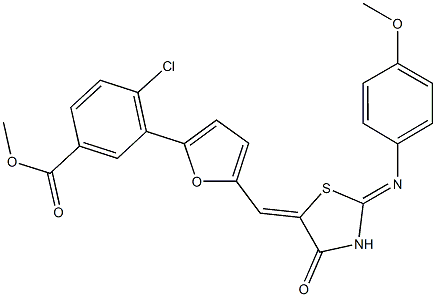 methyl 4-chloro-3-[5-({2-[(4-methoxyphenyl)imino]-4-oxo-1,3-thiazolidin-5-ylidene}methyl)-2-furyl]benzoate Struktur
