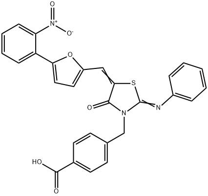 4-{[5-[(5-{2-nitrophenyl}-2-furyl)methylene]-4-oxo-2-(phenylimino)-1,3-thiazolidin-3-yl]methyl}benzoic acid Struktur