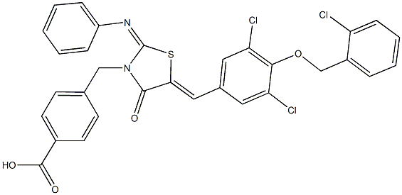 4-{[5-{3,5-dichloro-4-[(2-chlorobenzyl)oxy]benzylidene}-4-oxo-2-(phenylimino)-1,3-thiazolidin-3-yl]methyl}benzoic acid Structure