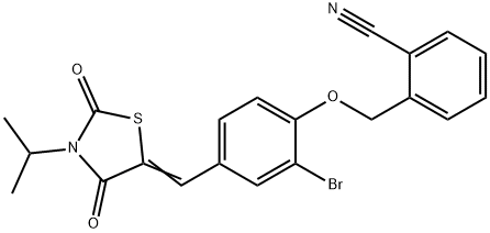 2-({2-bromo-4-[(3-isopropyl-2,4-dioxo-1,3-thiazolidin-5-ylidene)methyl]phenoxy}methyl)benzonitrile Struktur