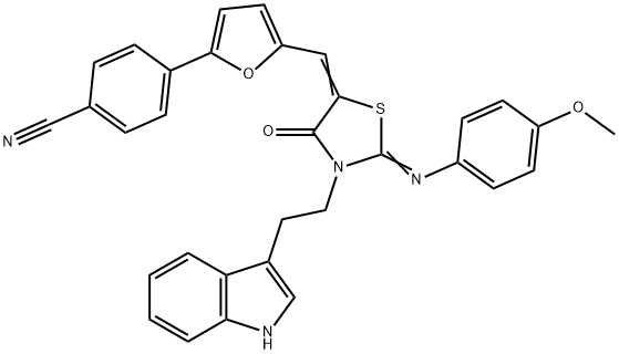 4-[5-({3-[2-(1H-indol-3-yl)ethyl]-2-[(4-methoxyphenyl)imino]-4-oxo-1,3-thiazolidin-5-ylidene}methyl)-2-furyl]benzonitrile Structure