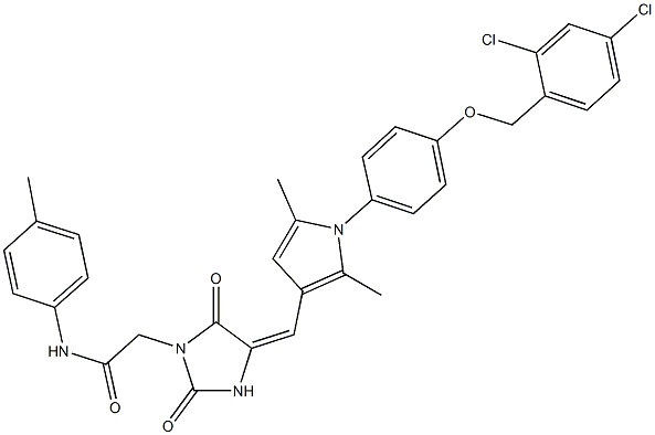 2-{4-[(1-{4-[(2,4-dichlorobenzyl)oxy]phenyl}-2,5-dimethyl-1H-pyrrol-3-yl)methylene]-2,5-dioxoimidazolidin-1-yl}-N-(4-methylphenyl)acetamide Struktur