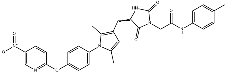 2-[4-({1-[4-({5-nitro-2-pyridinyl}oxy)phenyl]-2,5-dimethyl-1H-pyrrol-3-yl}methylene)-2,5-dioxo-1-imidazolidinyl]-N-(4-methylphenyl)acetamide Structure