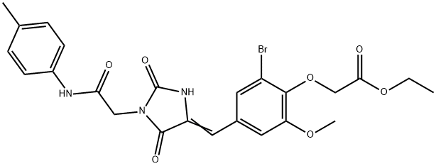 ethyl [2-bromo-4-({2,5-dioxo-1-[2-oxo-2-(4-toluidino)ethyl]-4-imidazolidinylidene}methyl)-6-methoxyphenoxy]acetate Struktur
