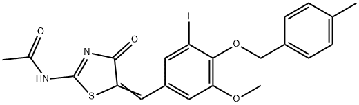 N-(5-{3-iodo-5-methoxy-4-[(4-methylbenzyl)oxy]benzylidene}-4-oxo-4,5-dihydro-1,3-thiazol-2-yl)acetamide 化学構造式