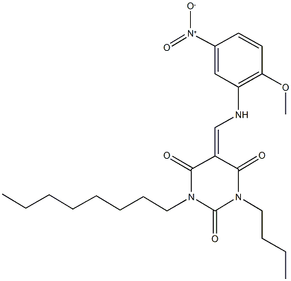 1-butyl-5-({5-nitro-2-methoxyanilino}methylene)-3-octyl-2,4,6(1H,3H,5H)-pyrimidinetrione Struktur