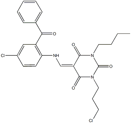 5-[(2-benzoyl-4-chloroanilino)methylene]-1-butyl-3-(3-chloropropyl)-2,4,6(1H,3H,5H)-pyrimidinetrione Structure