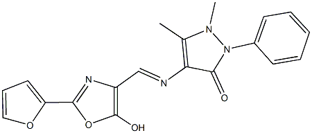 4-({[2-(2-furyl)-5-hydroxy-1,3-oxazol-4-yl]methylene}amino)-1,5-dimethyl-2-phenyl-1,2-dihydro-3H-pyrazol-3-one Struktur