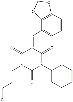 5-(1,3-benzodioxol-4-ylmethylene)-1-(3-chloropropyl)-3-cyclohexyl-2,4,6(1H,3H,5H)-pyrimidinetrione Struktur