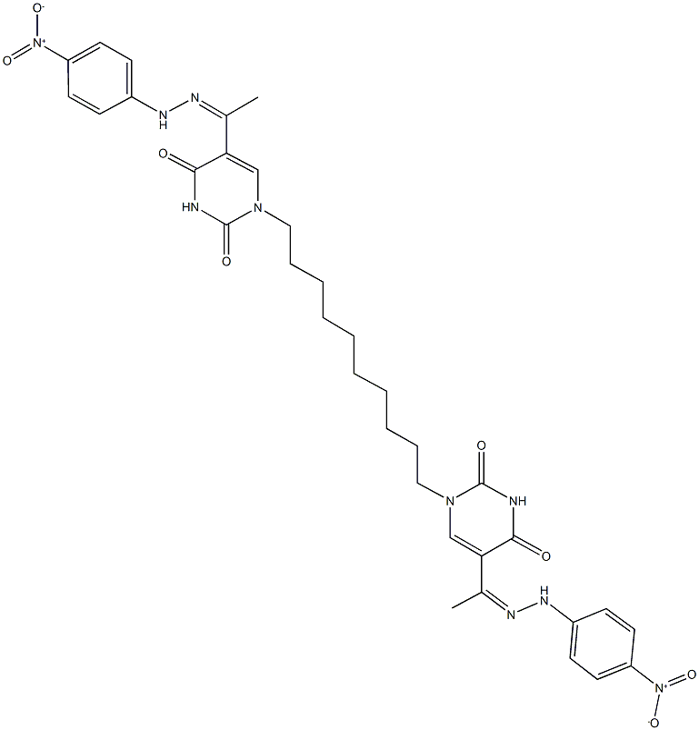 5-(N-{4-nitrophenyl}ethanehydrazonoyl)-1-[10-(5-(N-{4-nitrophenyl}ethanehydrazonoyl)-2,4-dioxo-3,4-dihydro-1(2H)-pyrimidinyl)decyl]-2,4(1H,3H)-pyrimidinedione Struktur