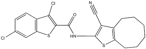 3,6-dichloro-N-(3-cyano-4,5,6,7,8,9-hexahydrocycloocta[b]thien-2-yl)-1-benzothiophene-2-carboxamide 化学構造式