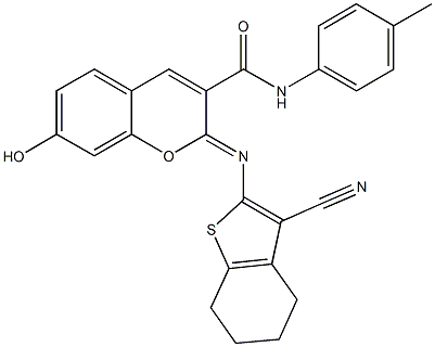 2-[(3-cyano-4,5,6,7-tetrahydro-1-benzothien-2-yl)imino]-7-hydroxy-N-(4-methylphenyl)-2H-chromene-3-carboxamide Struktur