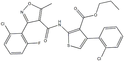 propyl 2-({[3-(2-chloro-6-fluorophenyl)-5-methyl-4-isoxazolyl]carbonyl}amino)-4-(2-chlorophenyl)-3-thiophenecarboxylate Struktur