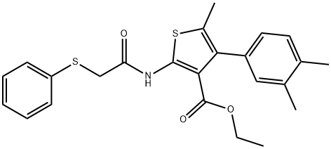 ethyl 4-(3,4-dimethylphenyl)-5-methyl-2-{[(phenylsulfanyl)acetyl]amino}-3-thiophenecarboxylate Struktur