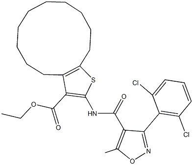 ethyl 2-({[3-(2,6-dichlorophenyl)-5-methyl-4-isoxazolyl]carbonyl}amino)-4,5,6,7,8,9,10,11,12,13-decahydrocyclododeca[b]thiophene-3-carboxylate 化学構造式