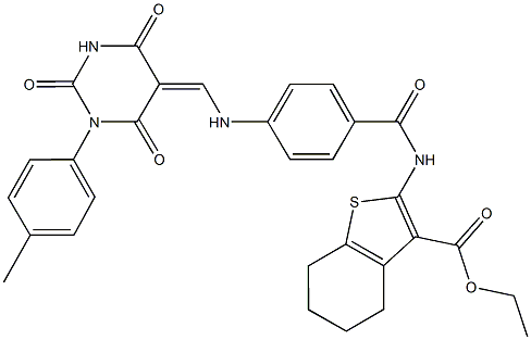 ethyl 2-[(4-{[(1-(4-methylphenyl)-2,4,6-trioxotetrahydro-5(2H)-pyrimidinylidene)methyl]amino}benzoyl)amino]-4,5,6,7-tetrahydro-1-benzothiophene-3-carboxylate 化学構造式