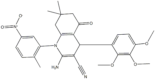 2-amino-1-{5-nitro-2-methylphenyl}-7,7-dimethyl-5-oxo-4-(2,3,4-trimethoxyphenyl)-1,4,5,6,7,8-hexahydroquinoline-3-carbonitrile Struktur