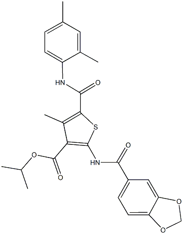 isopropyl 2-[(1,3-benzodioxol-5-ylcarbonyl)amino]-5-[(2,4-dimethylanilino)carbonyl]-4-methyl-3-thiophenecarboxylate Structure