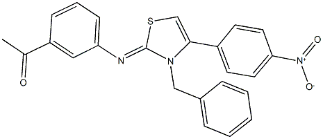 1-{3-[(3-benzyl-4-{4-nitrophenyl}-1,3-thiazol-2(3H)-ylidene)amino]phenyl}ethanone Struktur