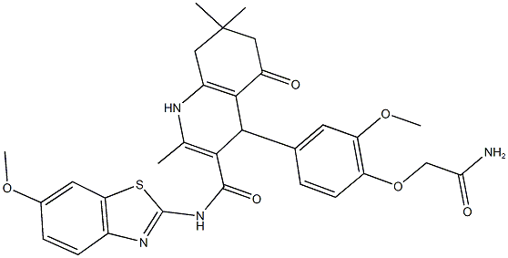 4-[4-(2-amino-2-oxoethoxy)-3-methoxyphenyl]-N-(6-methoxy-1,3-benzothiazol-2-yl)-2,7,7-trimethyl-5-oxo-1,4,5,6,7,8-hexahydro-3-quinolinecarboxamide,444925-79-5,结构式