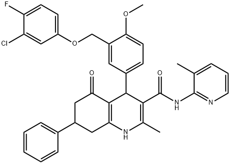 4-{3-[(3-chloro-4-fluorophenoxy)methyl]-4-methoxyphenyl}-2-methyl-N-(3-methylpyridin-2-yl)-5-oxo-7-phenyl-1,4,5,6,7,8-hexahydroquinoline-3-carboxamide 结构式