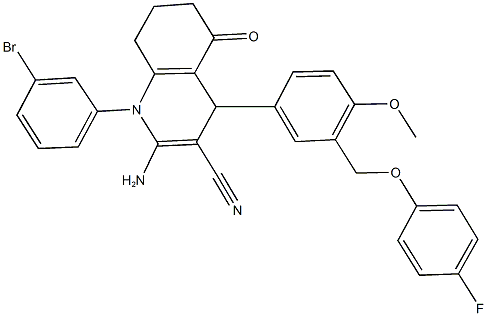 2-amino-1-(3-bromophenyl)-4-{3-[(4-fluorophenoxy)methyl]-4-methoxyphenyl}-5-oxo-1,4,5,6,7,8-hexahydroquinoline-3-carbonitrile Struktur