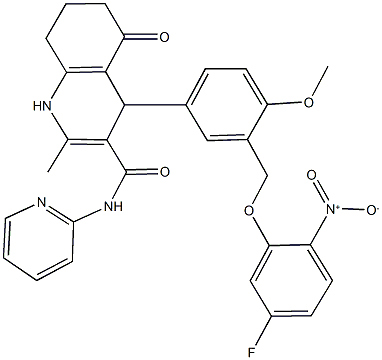 4-[3-({5-fluoro-2-nitrophenoxy}methyl)-4-methoxyphenyl]-2-methyl-5-oxo-N-pyridin-2-yl-1,4,5,6,7,8-hexahydroquinoline-3-carboxamide Struktur
