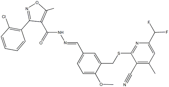 3-(2-chlorophenyl)-N'-[3-({[3-cyano-6-(difluoromethyl)-4-methyl-2-pyridinyl]sulfanyl}methyl)-4-methoxybenzylidene]-5-methyl-4-isoxazolecarbohydrazide 结构式