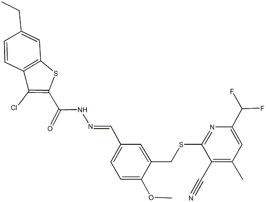 3-chloro-N'-[3-({[3-cyano-6-(difluoromethyl)-4-methyl-2-pyridinyl]sulfanyl}methyl)-4-methoxybenzylidene]-6-ethyl-1-benzothiophene-2-carbohydrazide Structure