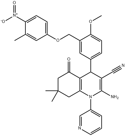 2-amino-4-[3-({4-nitro-3-methylphenoxy}methyl)-4-methoxyphenyl]-7,7-dimethyl-5-oxo-1-(3-pyridinyl)-1,4,5,6,7,8-hexahydro-3-quinolinecarbonitrile Struktur