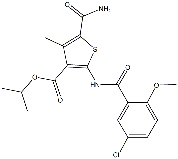 isopropyl 5-(aminocarbonyl)-2-[(5-chloro-2-methoxybenzoyl)amino]-4-methyl-3-thiophenecarboxylate Structure