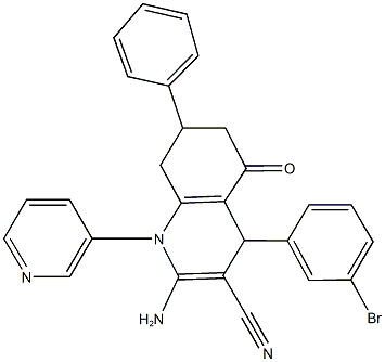 2-amino-4-(3-bromophenyl)-5-oxo-7-phenyl-1-(3-pyridinyl)-1,4,5,6,7,8-hexahydro-3-quinolinecarbonitrile Struktur